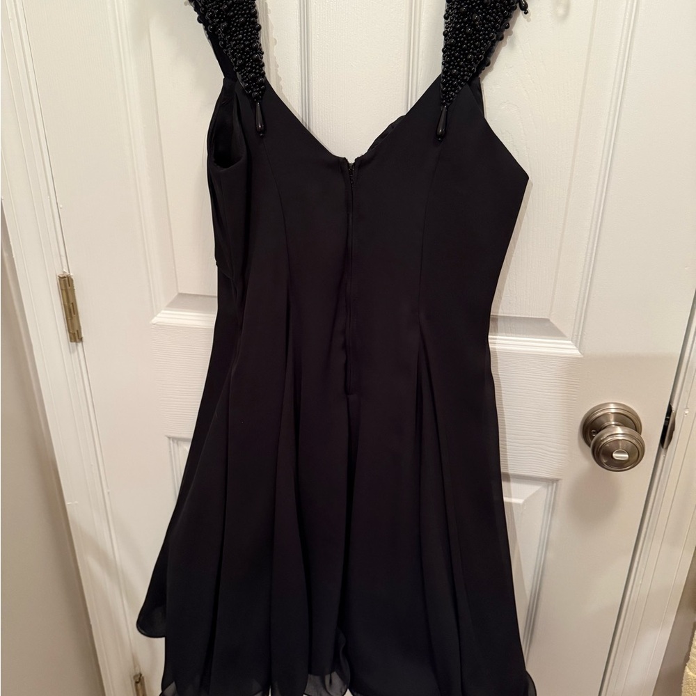 Elegant Black Mini Dress with Beaded Shoulder Straps tulle underskirt Y2K - Picture 3 of 6